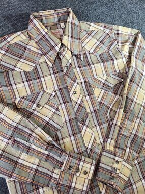 Vtg 70's Wrangler Pearl Snap Western Shirt USA Made 15/34 Long Tail Striped Rare